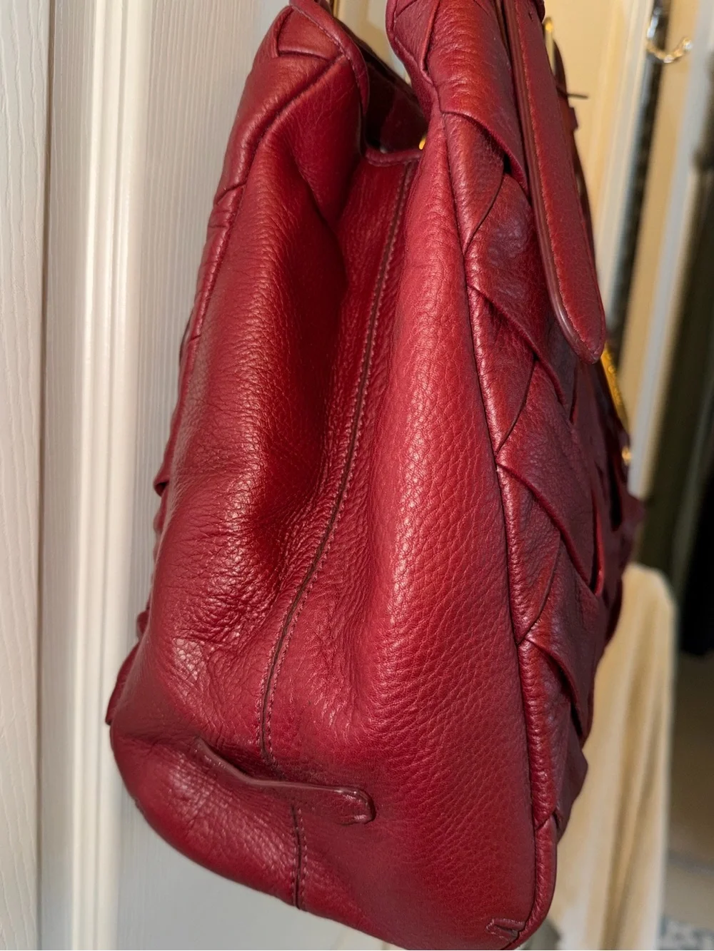 Cole Haan Burgundy Prudence Tote Bag featuring braided leather design